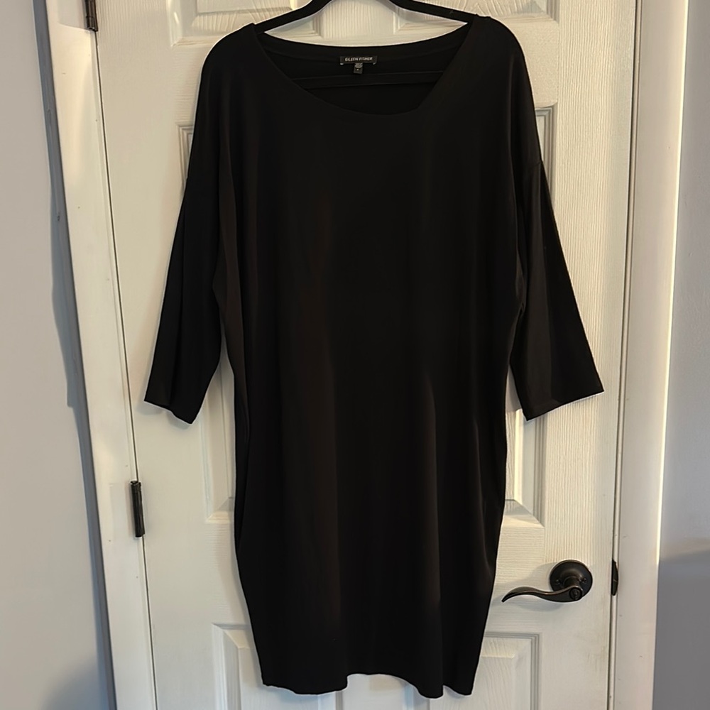 Eileen Fisher Classic Black Midi Dress with 3/4 Sleeves Size Large
